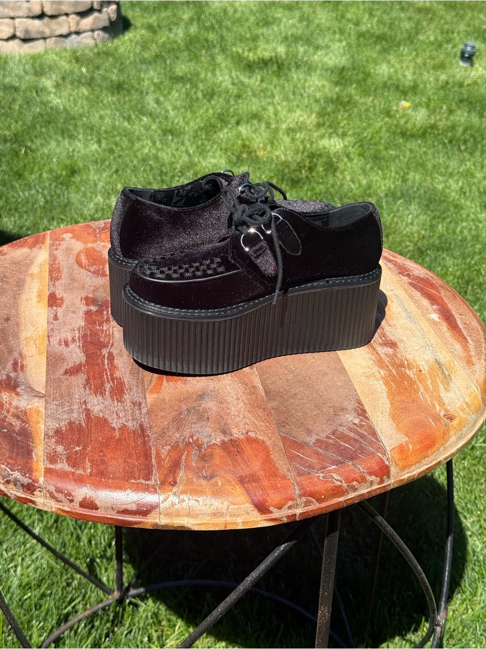 T.U.K Black Velvet Platform Creeper with Silver D-Ring